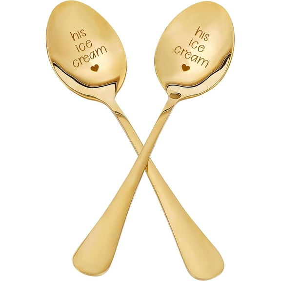 2Pcs His & Her Ice Cream Spoon with Gift Box Golden Engraved Stainless Steel Table Spoons for Friends Families Festival Christmas Birthday Wedding 7.2'' 1set