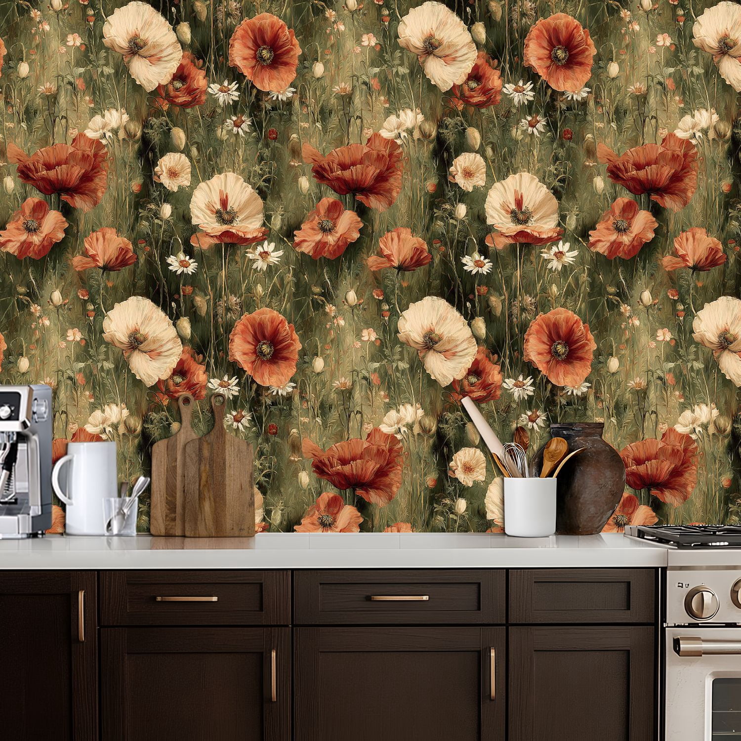 Peel and Stick Wallpaper Vintage Flower Field White Red Blooms Wall Mural 17.7in x 9.8ft Self Adhesive Removable Wall Paper Renter Friendly Wallpaper for Nursery Bedroom Cabinets