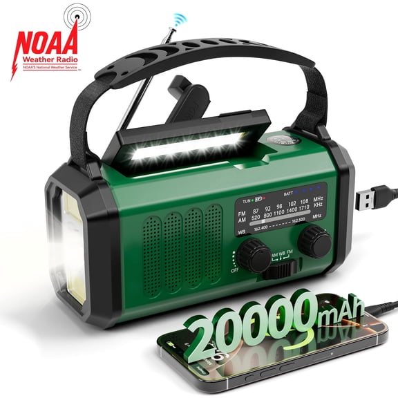Baxlen 20000mAh Emergency Weather Radio with Solar Hand Crank, NOAA/AM/FM/WB, Flashlight, Green