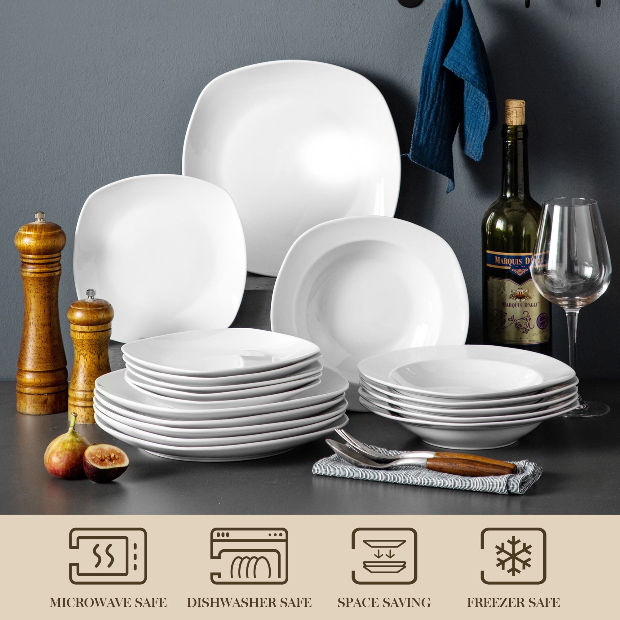 MALACASA Ivory White Dinner Plates, 8.2 Inch Ceramic Dinner  Plates Set of 6, Square Dinner Plate Kitchen Plates Dish Set, Porcelain  Plate, Microwave & Dishwasher Safe, Scratch Resistant, Series Flora