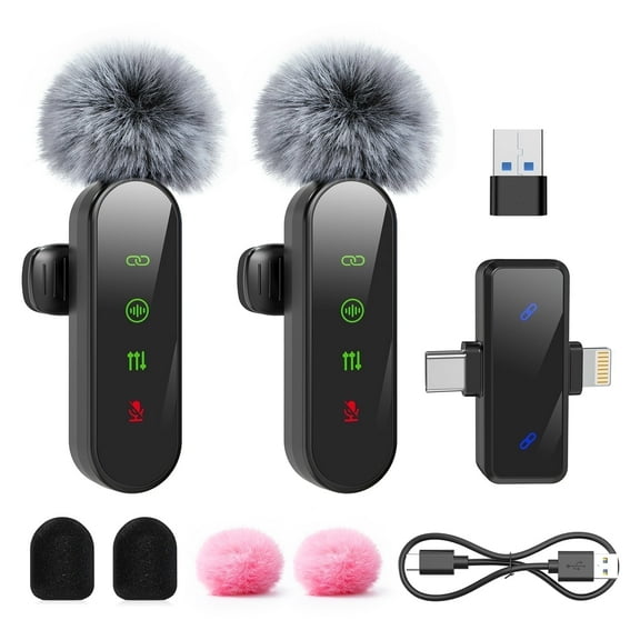 ZealSound Mini Microphone for iPhone with LED Display,Wireless Lavalier Mic with USB-C/USB - Noise Reduction & Echo Effect,6 Windscreen Furry Muff Mics for TikTok,Podcast,ASMR,YouTube Video