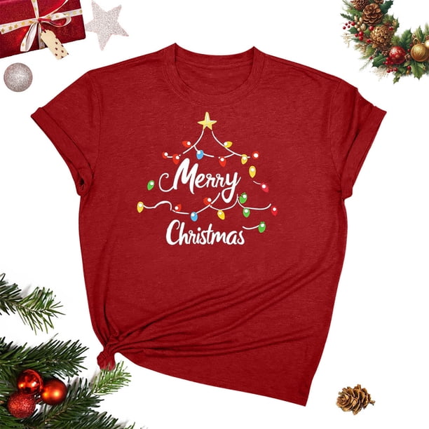 Blusas para las Mujeres Casual, Navidad Impresión Cuello Redondo Blusa de Moda, Fiesta de Fiesta Camiseta Top