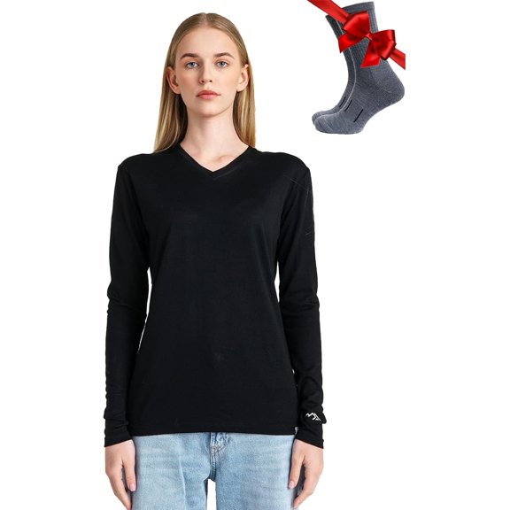 𝗕𝗥𝗘𝗔𝗧𝗛𝗔𝗕𝗟𝗘 Merino.tech Women’s Lightweight Merino Wool Long Sleeve Base Layer Top with Hiking Socks