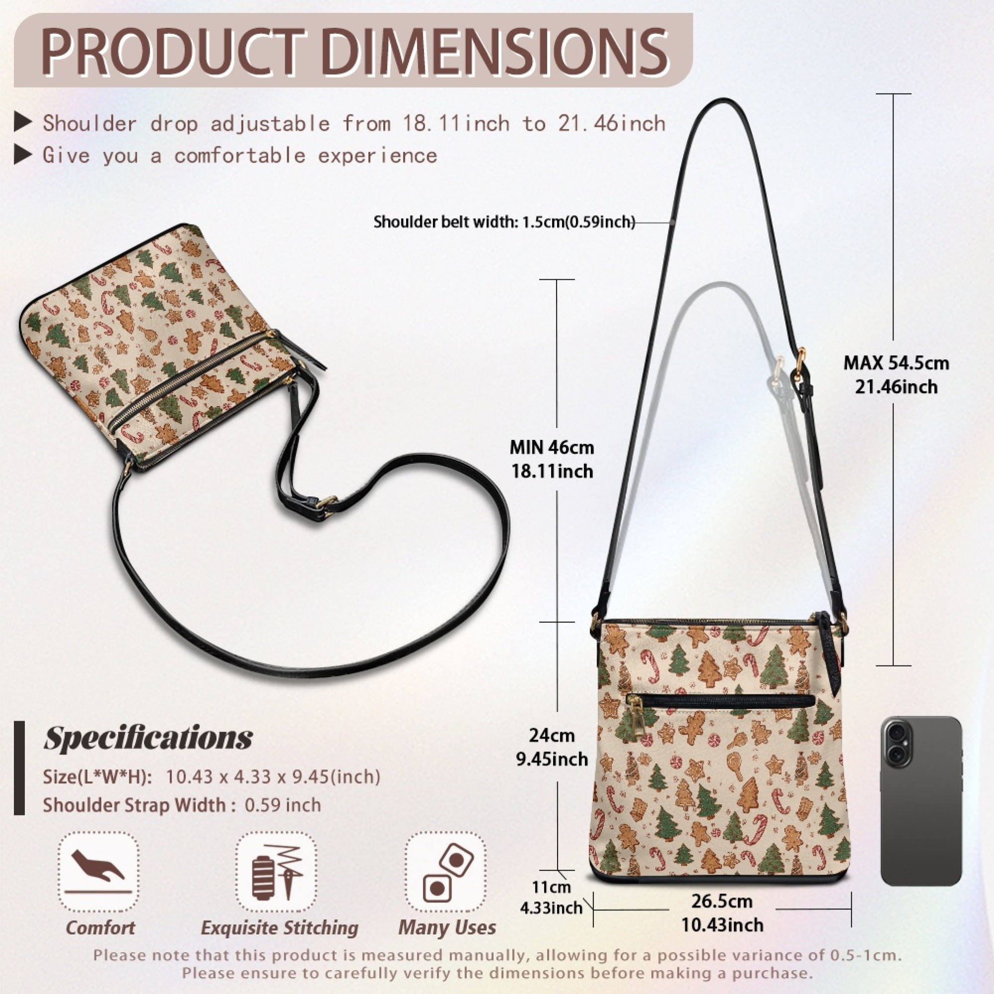 Kuiaobaty Christmas Tree Print Leather Crossbody for Women, Gingerbread Man Print Shoulder Handbag with Adjustable Strap, Lightweight Travel Hobo Purse for Christmas 2025, Beige