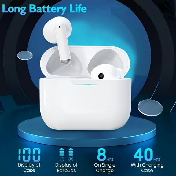 48H Wireless Earbuds - Noise Cancelling 5.3 | HiFi Stereo, Smart Touch | Low Latency | Pop-ups Pairing for iPhone/Android | White In-Ear