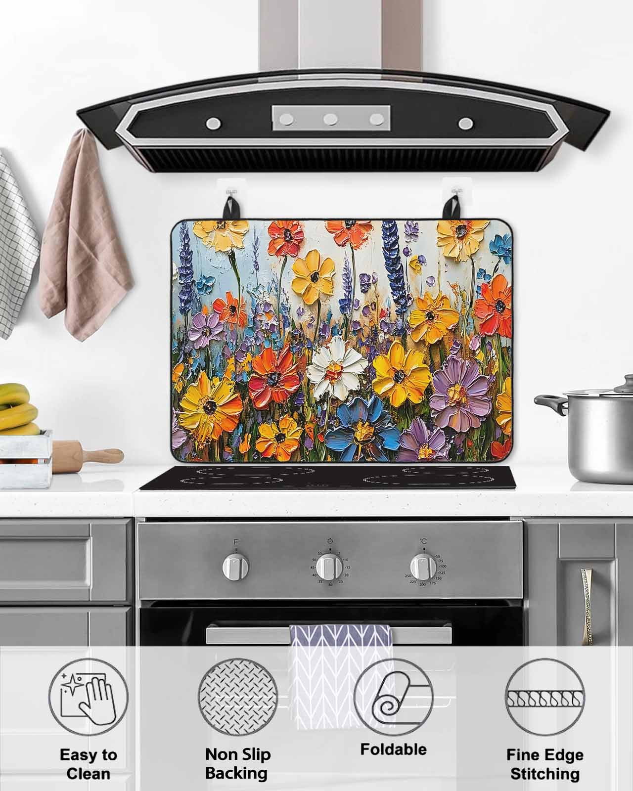 nqOlkjepod Large Induction Cooktop Protector Mat 24"x21", Retro Botanical Blossom Stove Top Covers for Electric Stove, Oil Painting Abstract Flowers Stove Burner Cover Mats, Glass Top Stove Cover