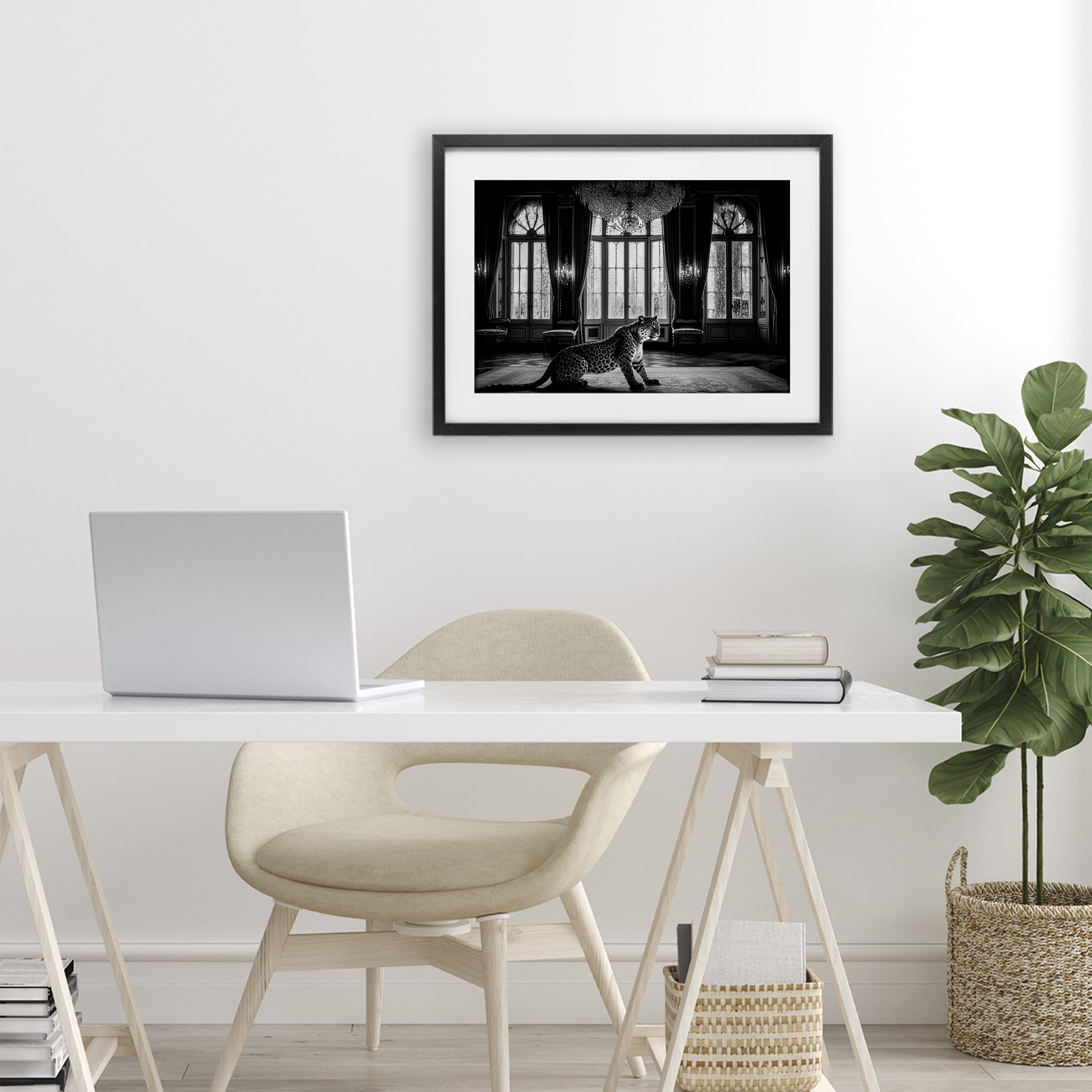 Snow Leopard in Opulent Mansion Black Framed Print Under Glass, design by Decent Exposures