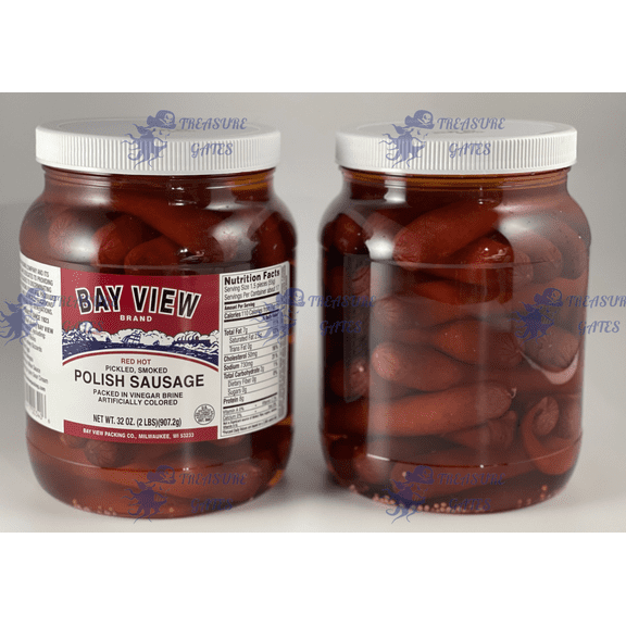 Bay View Brand Red Hot Pickled Polish Sausage (Two 32 Ounce Jars) Bar Tavern Food