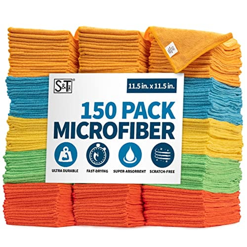 S&T INC. Chiffons de Nettoyage en Microfibre, Serviettes en Tissu Réutilisables et Sans Charpie pour la Maison, la Cuisine et l'Auto, Couleurs Assorties, 11,5 Po x 11,5 Po, Lot de 150