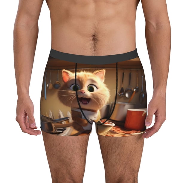 Balery Cartoon Cooking Cat Calzoncillos bóxer para hombre, ropa interior de algodón suave y transpirable con cinturilla de nailon-Large