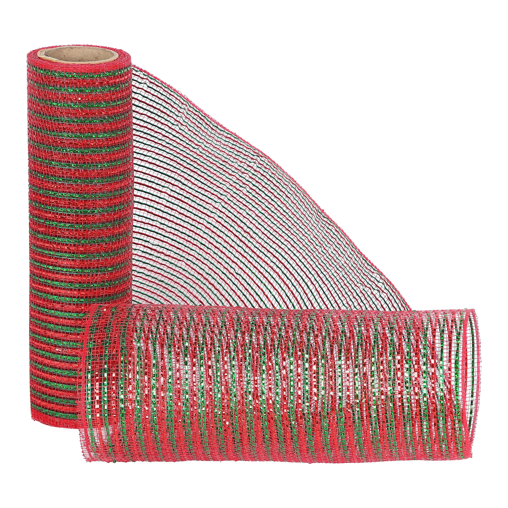 Holiday Time  10.5 inch x 5 Yards Poly Mesh With Metallic, Red & Green Stripe, 10.5IN RED & GREEN POLYMESH