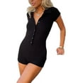 thumbnail image 3 of Nituyy Short Sleeve Jumpsuit Women Bodycon Sexy V Neck Buttons Rompers Shorts Knitted Bodysuit Overall, 3 of 6