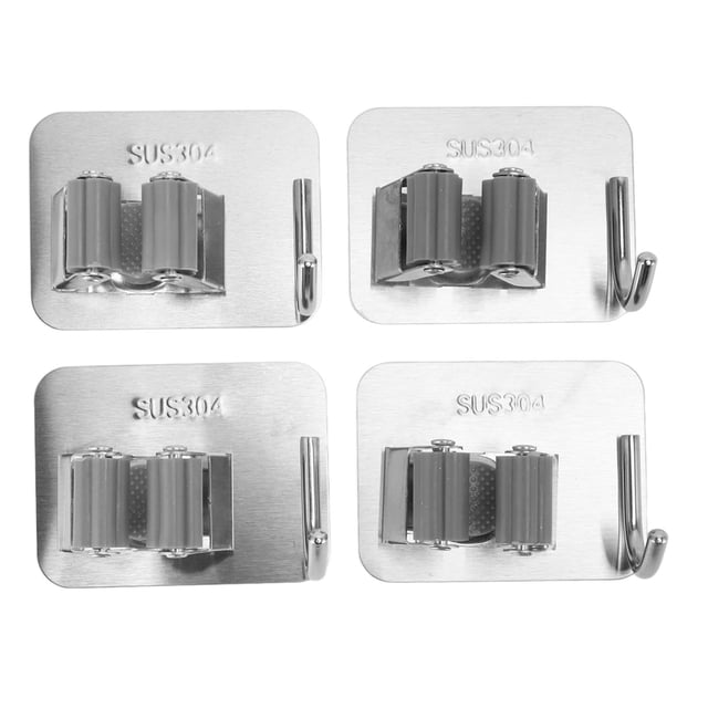 4 soportes plateados para escobas y trapeadores con gancho para montaje en pared, de acero inoxidable 304.