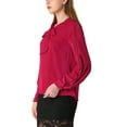 thumbnail image 5 of INSPIRE CHIC Women's Tie V Neck Contrast Piped Long Sleeves Work Solid Blouse Top Burgundy L, 5 of 7