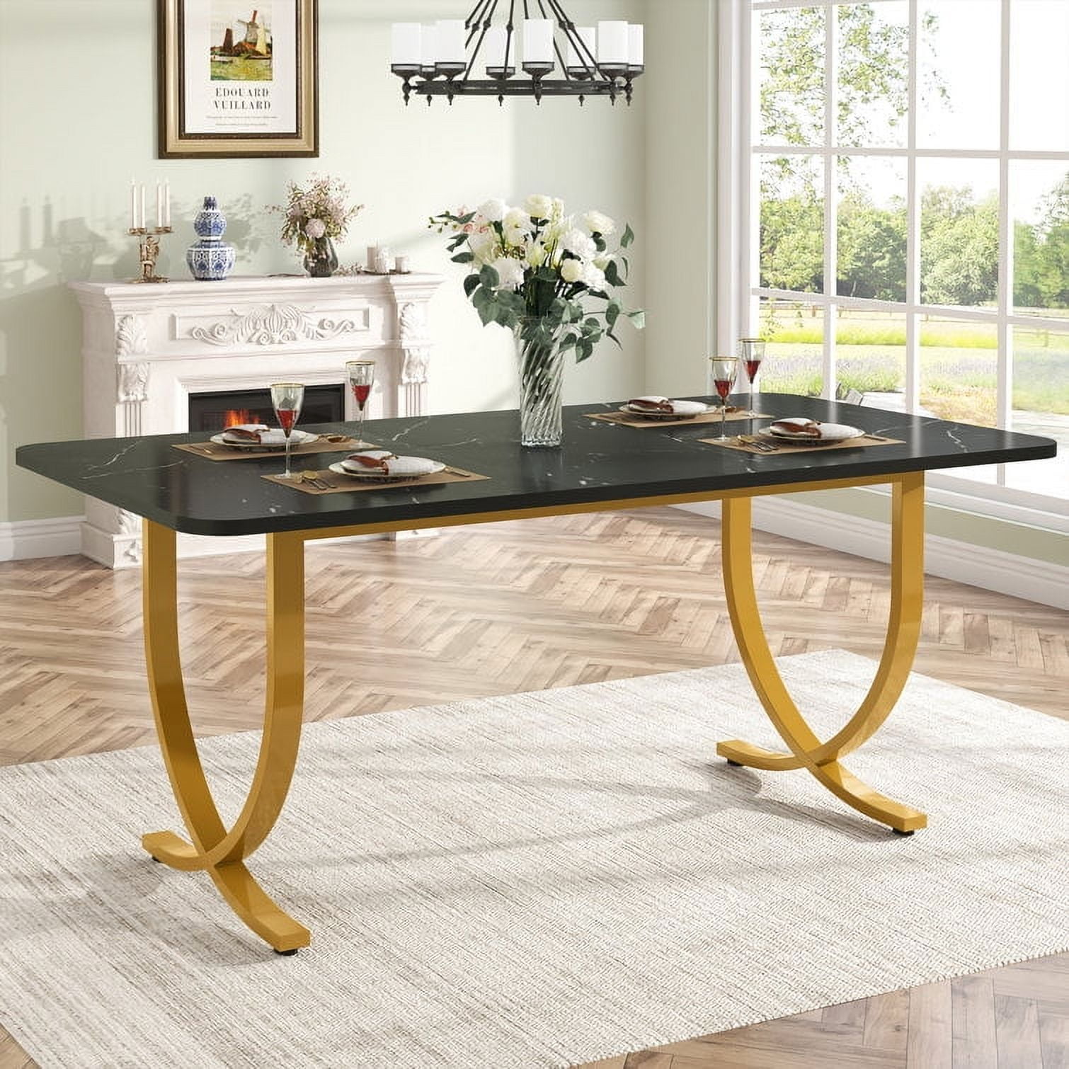 Tribesigns Rectangular Dining Table for 4 to 6, 63-Inch White and Gold Modern Kitchen Table with Faux Marble Table Top and Metal Legs for Dining Room, Kitchen or Living Room