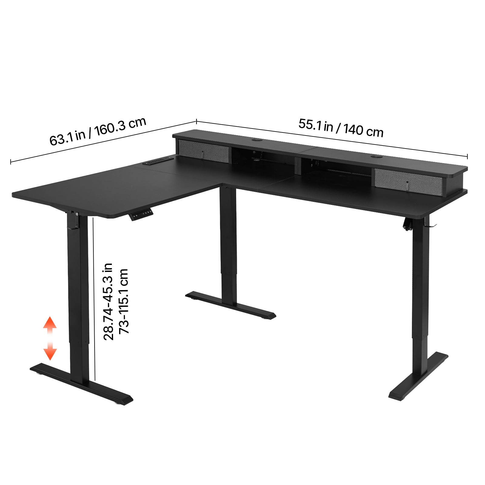 KFFKFF L-Shaped Electric Height Adjustable Desk, Corner Gaming Desk with CPU Stand, Dual Hooks, Fabric Drawers, and Light Strip, Computer Table for Home Office, Easy Assembly, Black