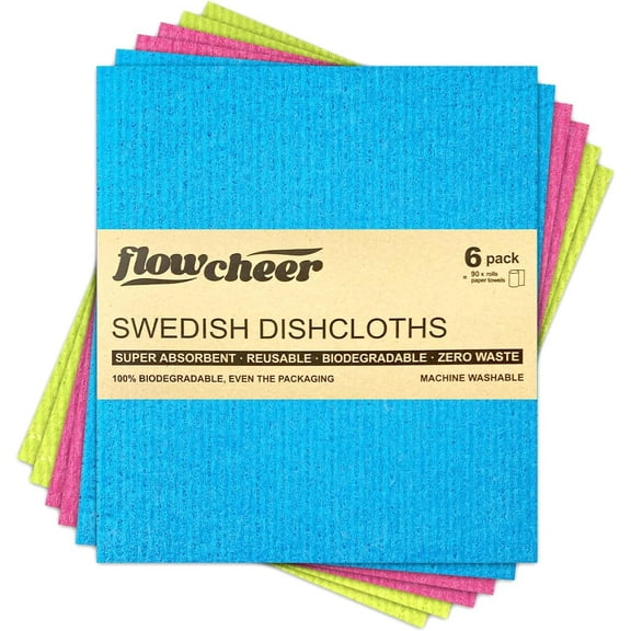 Flowcheer Swedish Dishcloths - 6 Pack Reusable Kitchen Paper Towels - Washable Cleaning Cloths - Multicolor - Washable Sponge Towel