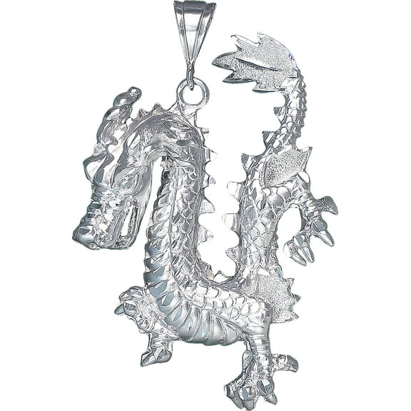 Huge Heavy Sterling Silver Dragon Pendant Necklace 3.1 Inches 28 Grams with Diamond Cut Finish and 24 Inch Figaro Chain