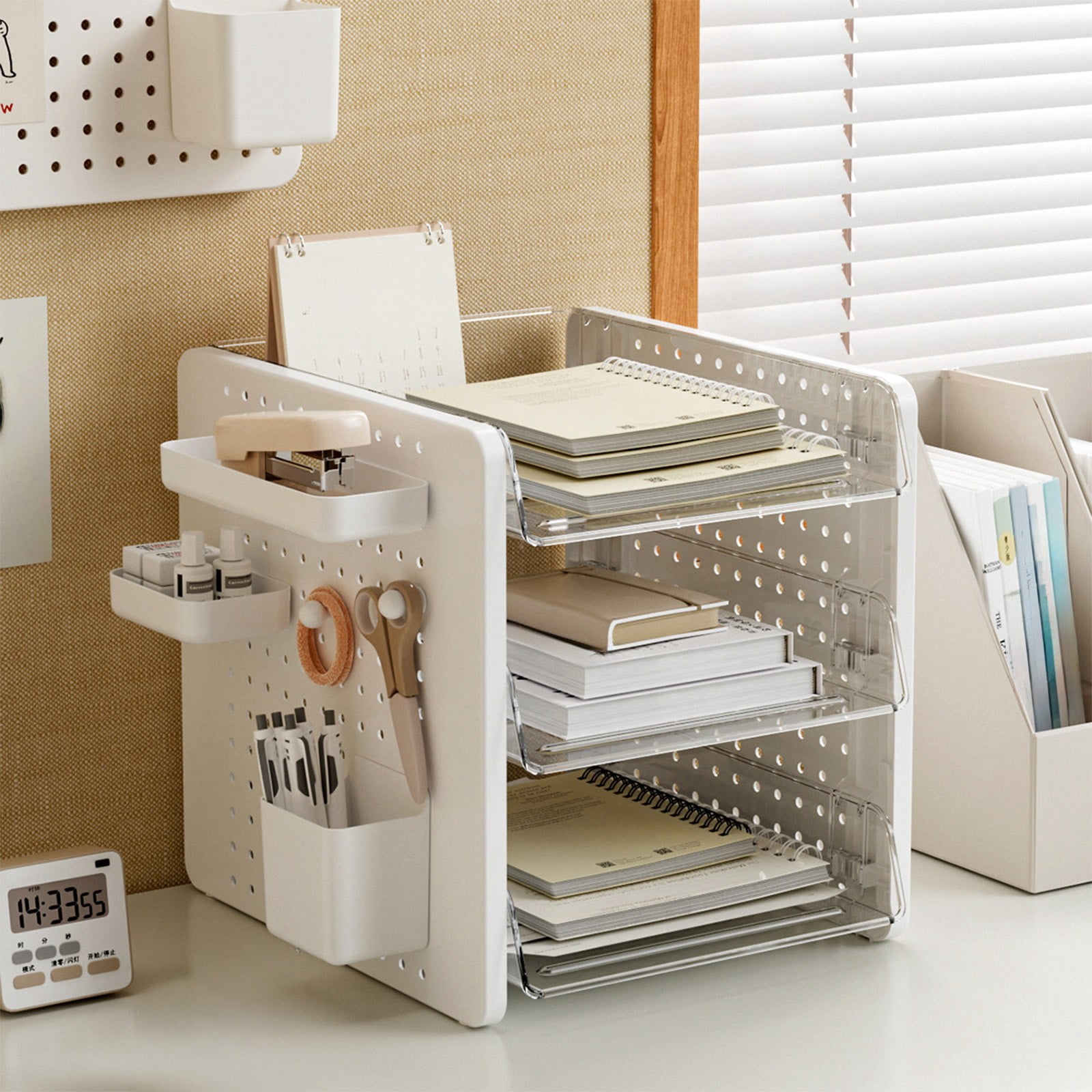 RuiJiao Pegboard Organizer Desk Storage, Plastic Multi Tier Document Rack for Home Office Essential, Large Capacity Layered Holder with DIY Customizable Accessories