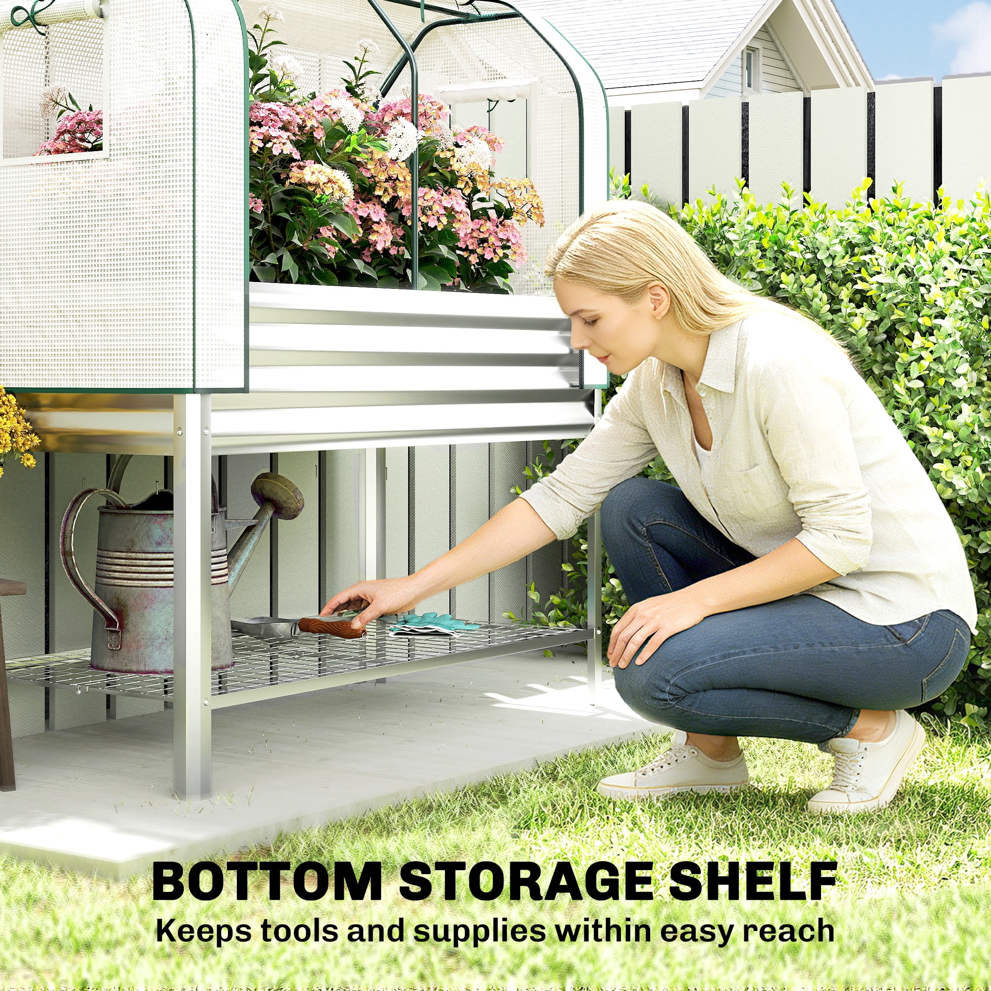 Outsunny Galvanised Raised Garden Bed with Greenhouse Cover, Metal Elevated Garden Bed with Bed Liner and Bottom Shelf, Silver