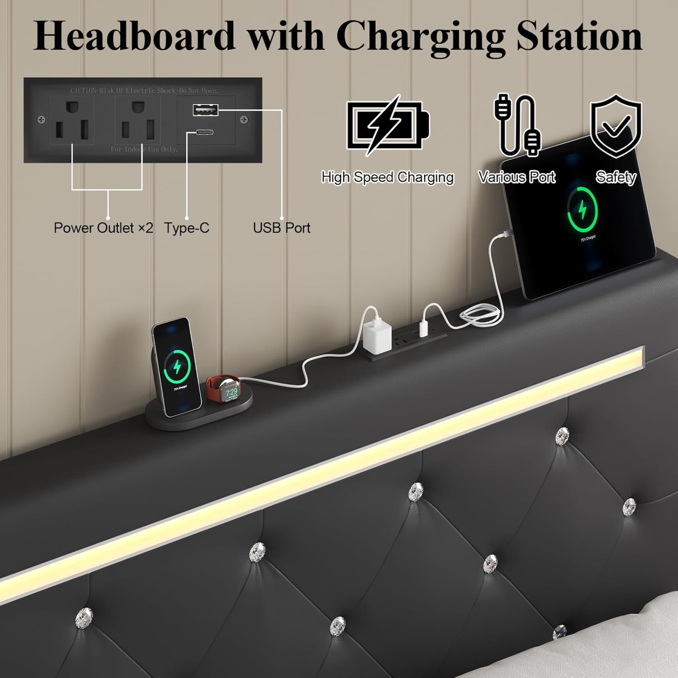 Noble House Quinci Queen Bed Frame with LED Light and Adjustable Headboard, Storage Drawers & Charging Station, Black