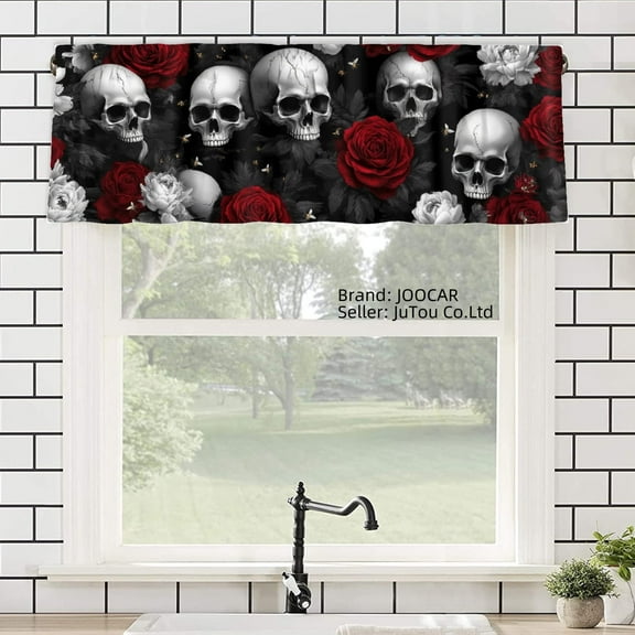 JOOCAR Gothic Skulls and Roses Polyester Window Valance Curtain for Home Kitchen Living Room Bedroom Bathroom Decor 54x18 inch