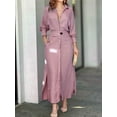 thumbnail image 4 of Women Autumn Casual Lapel Split Wrinkle-Free Long Maxi Vacation Dress with Pockets Pink S, 4 of 5