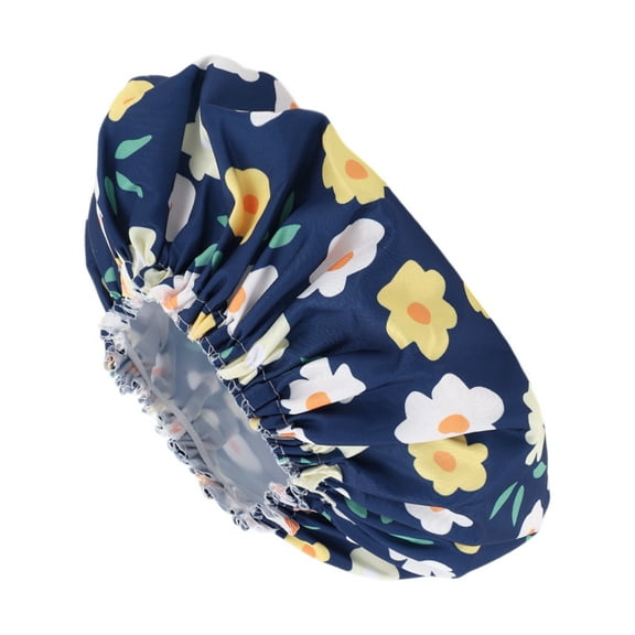 Unique Bargains 1 Pc Women Flower Pattern Bath Cap for Bathroom Business Travel Blue PEVA Polyester
