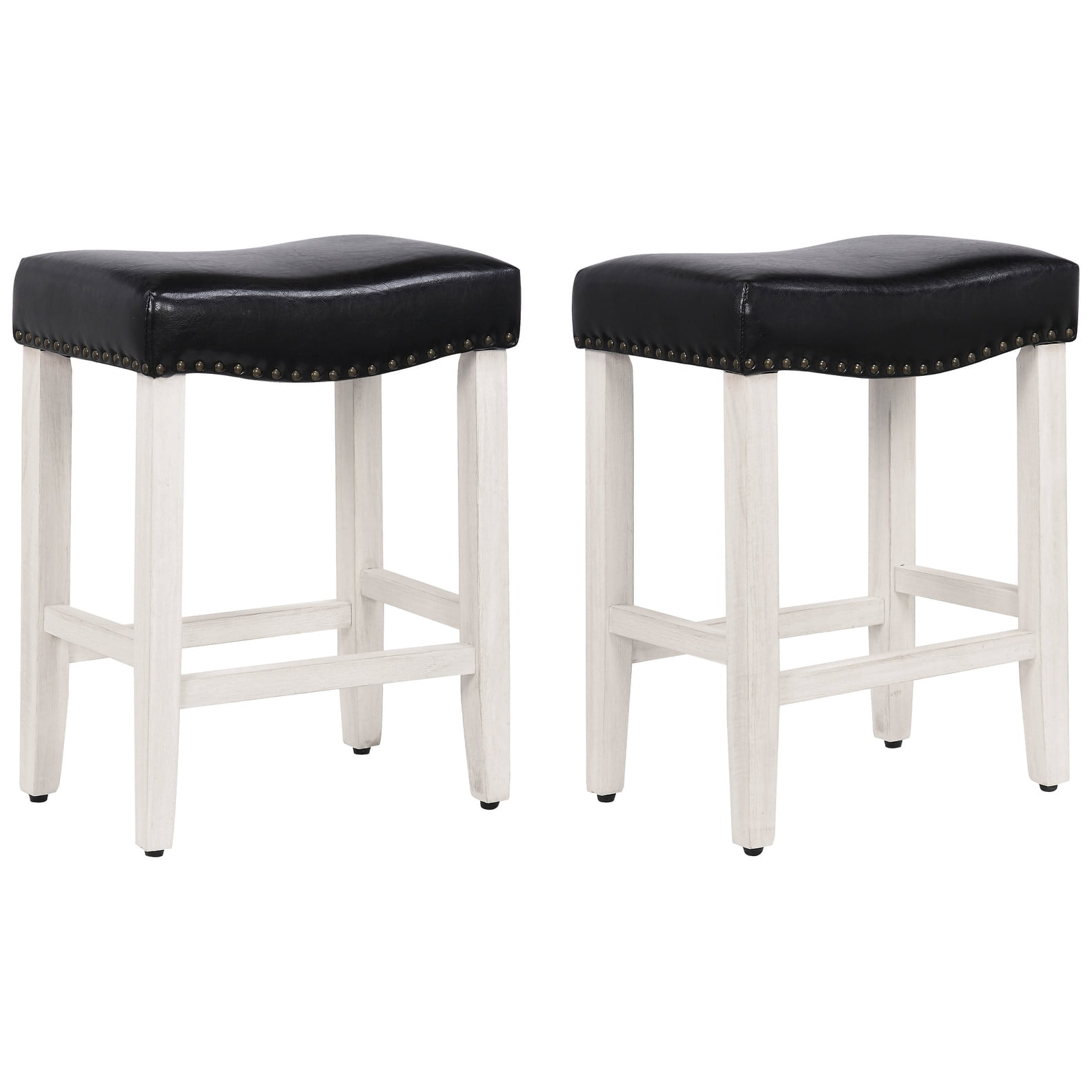 Polytrends Jameson Upholstered Polyester Antique White 24 Inch Counter Stool (Set Of 2) Antique White/Black Wood Rubberwood Footrest Leather Glam