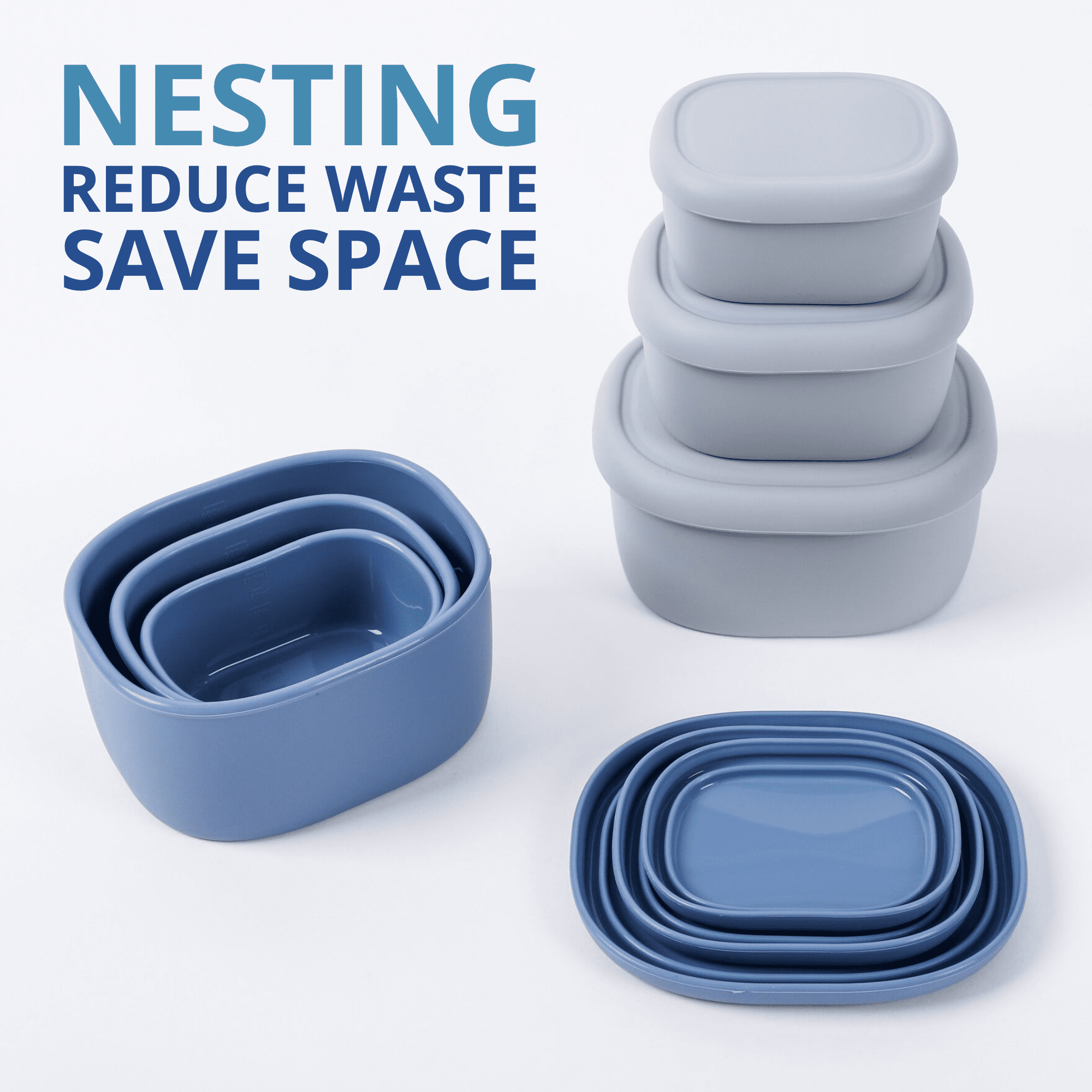 BLUE GINKGO Nesting Silicone Containers, Airtight Food Storage | Set of 3 (6.7oz, 10oz, 20oz) Blue