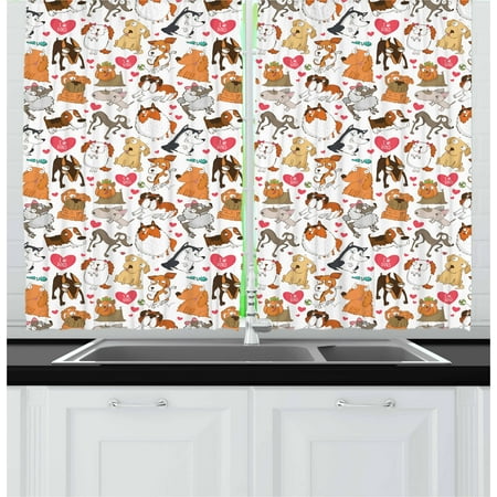 Dog Lover Curtains 2 Panels Set, Cartoon Canines Bullterrier Doberman Husky Spaniel Love Theme Funny Characters, Window Drapes for Living Room Bedroom, 55W X 39L Inches, Multicolor, by