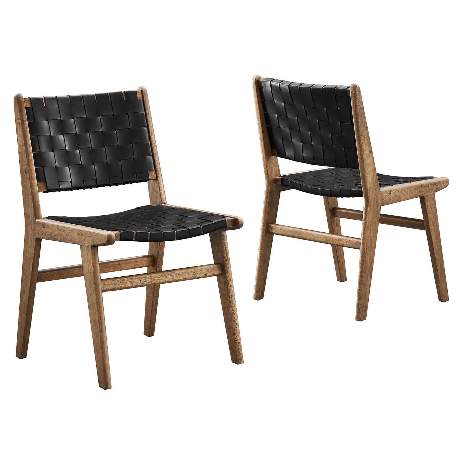 Modway Saoirse 17.5" Woven Leather Dining Side Chair in Walnut/Black (Set of 2)