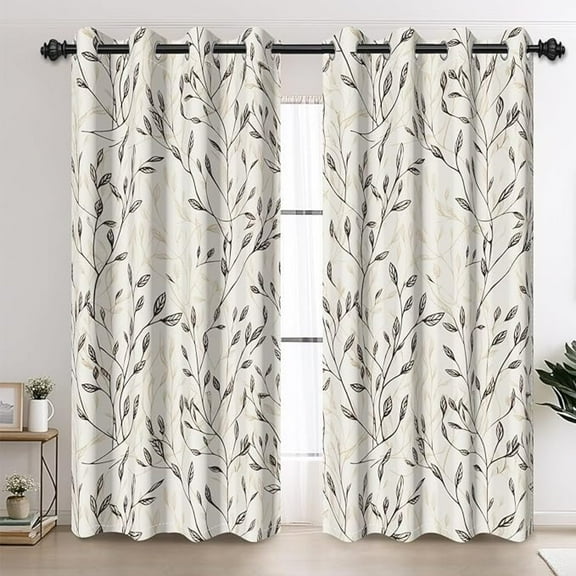 Elegant Floral Branch Grommet Room Darkening Curtains, Black And Beige Delicate Leaf Botanical Pattern Print Window Drapes Long Curtains For Bedroom Dining Living Room 26"W x 54"L (Pack of 2)