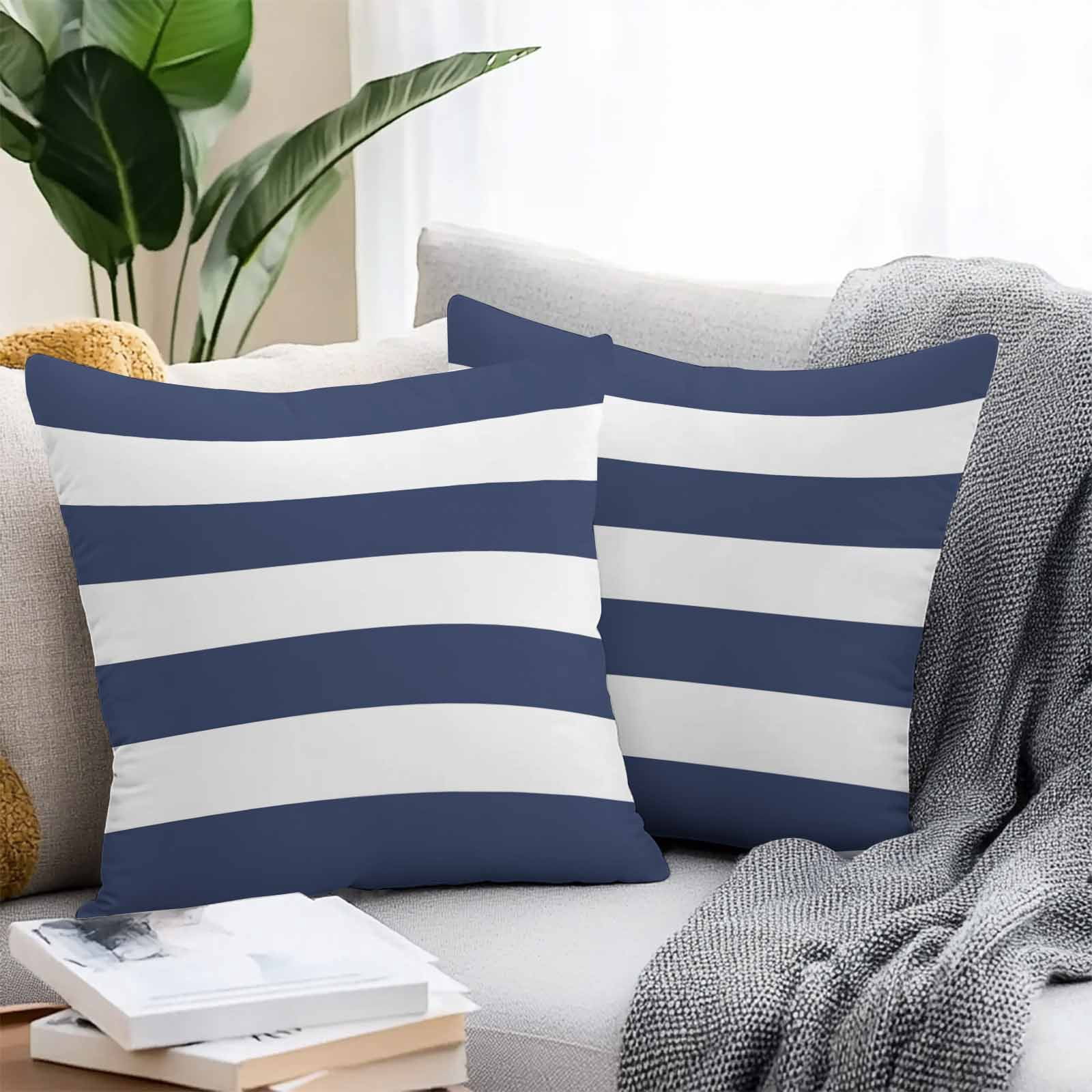 Outdoor Throw Pillows Covers 18X18 Set of 2 Waterproof Coastal Nautical Minimalist Striped Decorative Zippered Cushion Covers for Patio Furniture, Navy Blue White Lumbar Pillowcases
