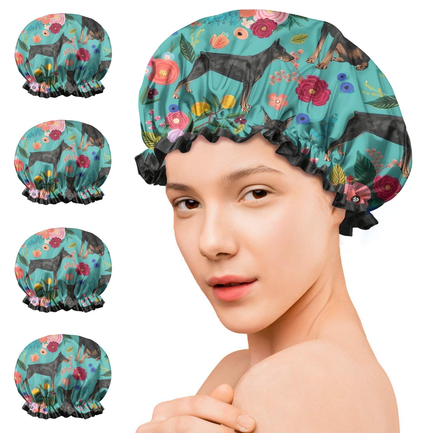 Shower Caps,Doberman Dog Pattern with Pioneer Flower Waterproof Shower Cap for Women 4 Pieces,Double Reusable Hair Cover for Shower PEVA Elastic Stretch Hem
