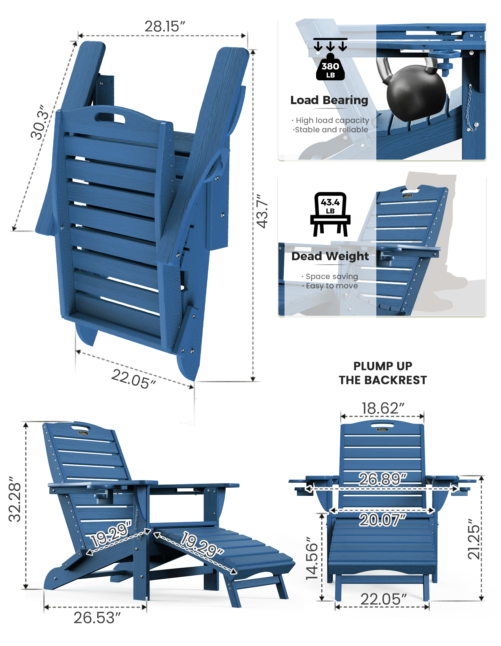 Folding Adirondack Chair Set of 2 with Retractable Ottoman Footrest, Wood Grain HDEP All Weather Fire Pit Chair with 2 Cup Holders for Outdoor, Blue
