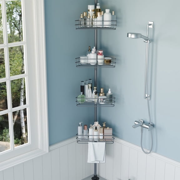 Shower Caddy Tension Pole Corner 4 Tier Rustproof Adjustable Height with Built In Towel Bars for Bathroom Shower Storage Organizer Satin Nickel Gray Finish