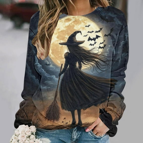 VKOYWKM Sweatshirts Women Halloween Witch Sweatshirt Crew Neck Long Sleeve Fall Pullover Tops Halloween Sweater