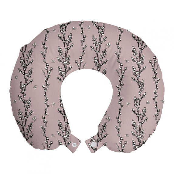 Floral Travel Pillow Neck Rest, Pattern of Budding Flowers on Vertically Aligned Branches, Memory Foam Traveling Accessory Airplane and Car, 12", Pale Grey Charcoal Grey, by Ambesonne