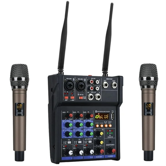 Woopker 4-Channel Audio Mixer Console with Wireless Microphone Sound Mixing USB input DJ Mixer