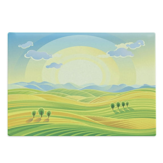 Country Cutting Board, Sunny Rural Landscape with Rolling Hills Fields in Autumn Color Cartoon Art Print, Decorative Tempered Glass Cutting and Serving Board, Large Size, Yellow Green, by Ambesonne