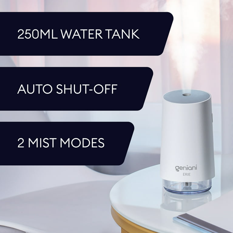 Geniani Mini Cool Mist Humidifiers for Bedroom - Small Car Humidifier,  250ml (White) 