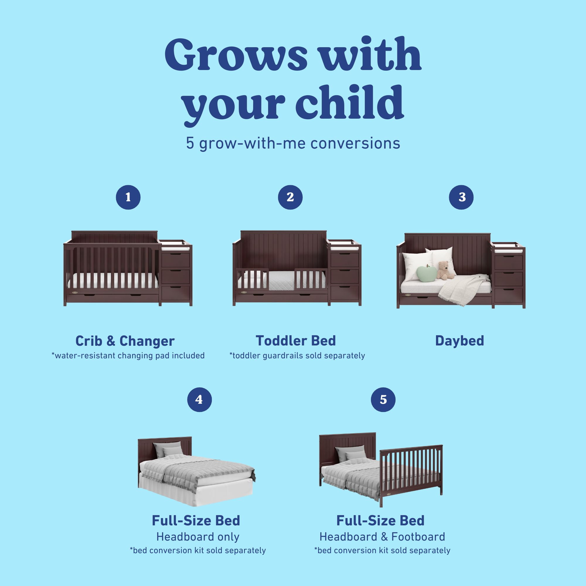 Graco Hadley 5-in-1 Convertible Baby Crib and Changer with Drawer, Espresso