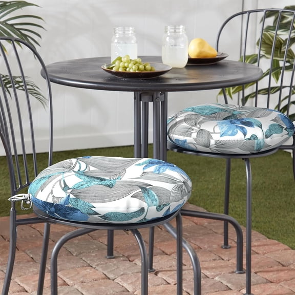 Outdoor Bistro Chair Cushion with Ties, Tufted Chair Cushions Set of 2, Round Seat Cushion 15”x15”x4” for Home Garden Balcony Office Porch Lawn Deck, Clemens Noir Blue
