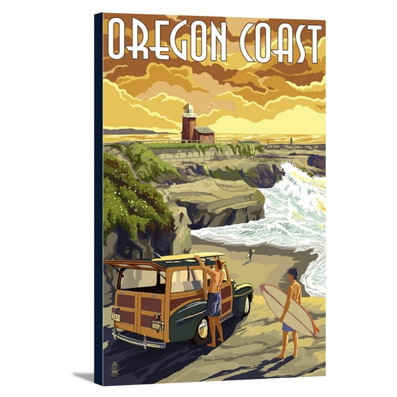 Oregon Coast - Woody and Lighthouse - Lantern Press Artwork (16x24 Gallery Wrapped Stretched Canvas)