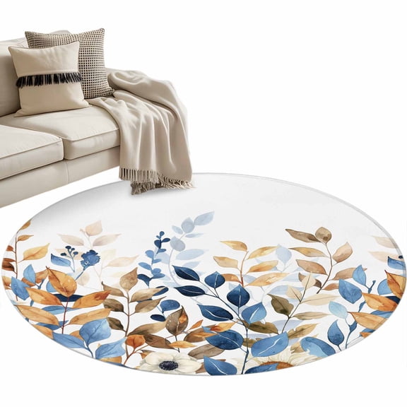 Orange Blue Botanical Round Area Rug 4 FT, Non Slip Indoor Outdoor Rug, Fall Eucalyptus Leaves Washable Soft Circular Carpet Non-Shedding Floor Mat for Coffee Table Nursery Foyer Balcony