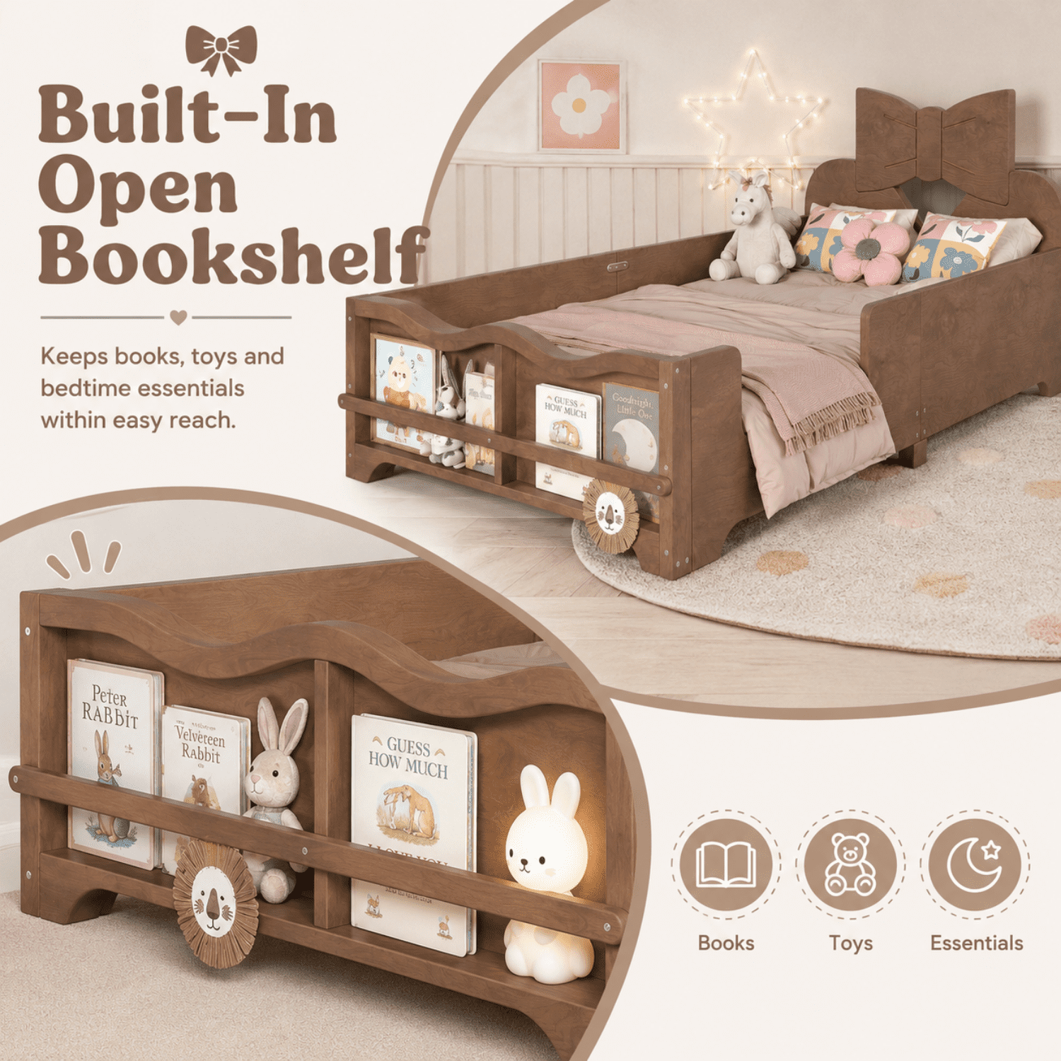 Miniyam Kids Twin Montessori Floor Bed with Guardrails and Built-In Bookshelf, Bowknot Headboard, Brown