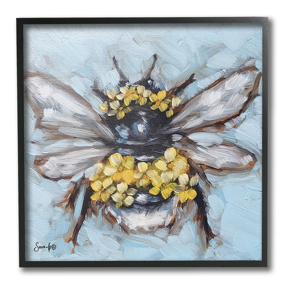 Stupell Industries Abstract Bee with Flowers Animals & Insects Painting Black Framed Art Print Wall Art, 12 x 12