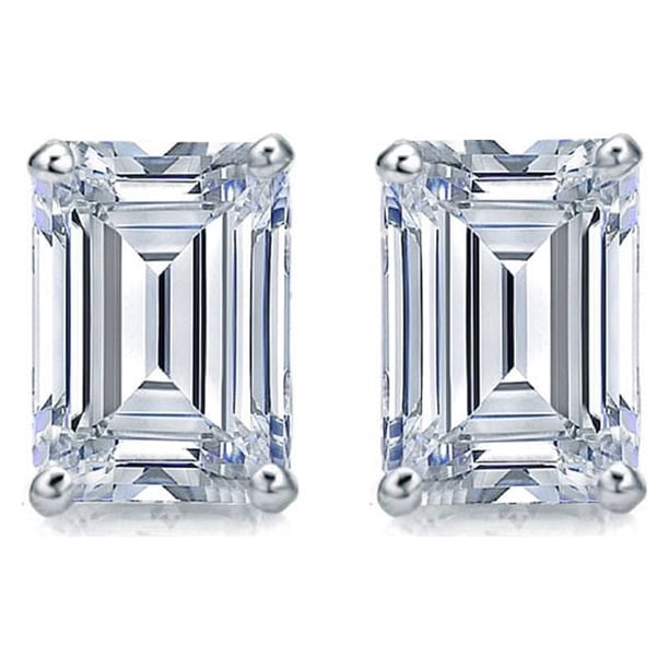 JeenMata Pendientes Minimalistas con Solitario de Diamantes de Talla Esmeralda de 0,5 Quilates Bañados en Oro Blanco de 18 K sobre Plata