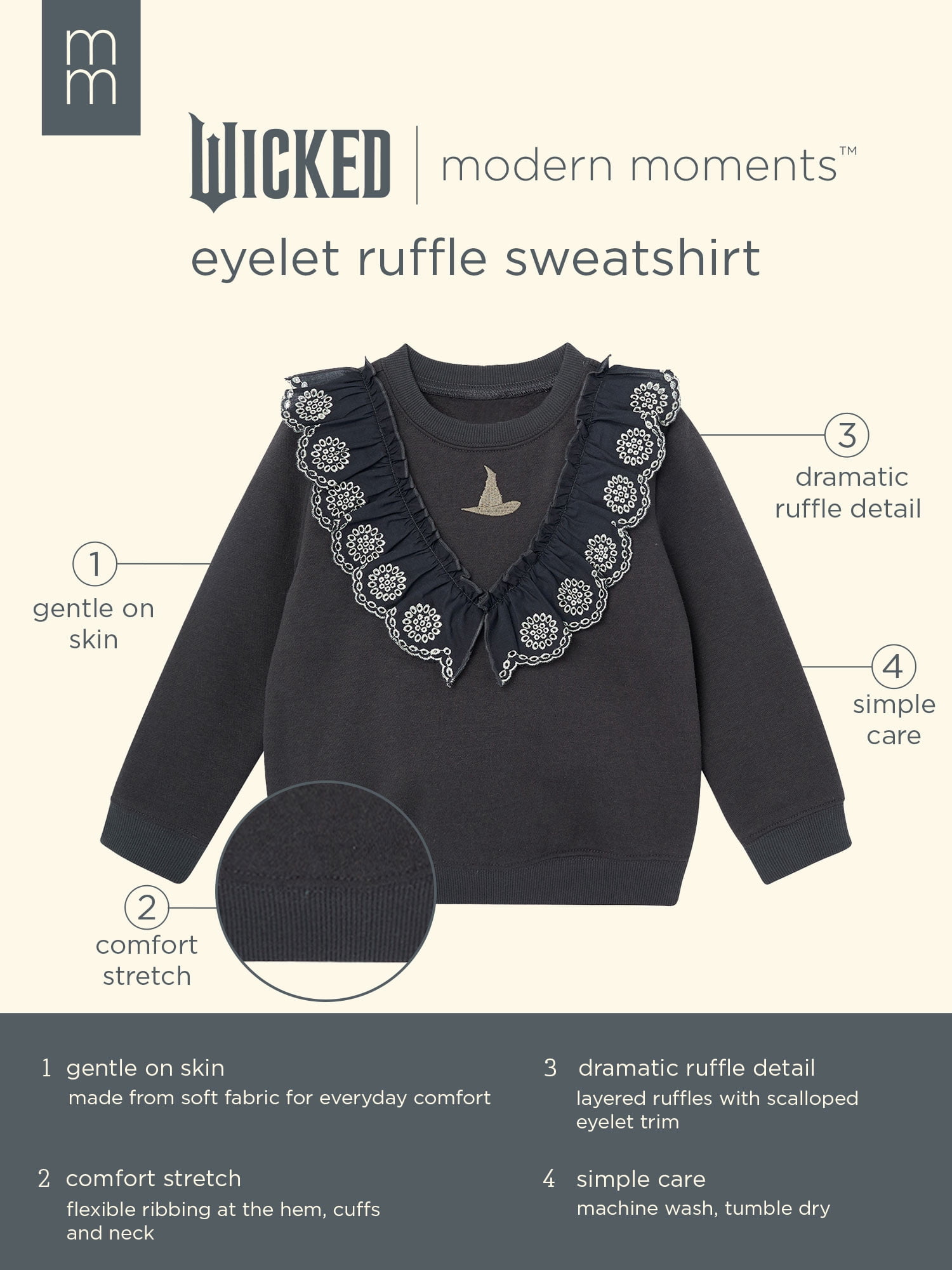 Modern Moments Toddler Girl Elphaba Wicked Eyelet Ruffle Sweatshirt, Sizes 12 Months - 5T